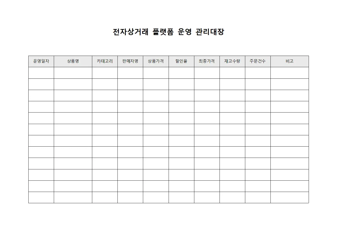 전자상거래 플랫폼 운영 관리대장 문서양식