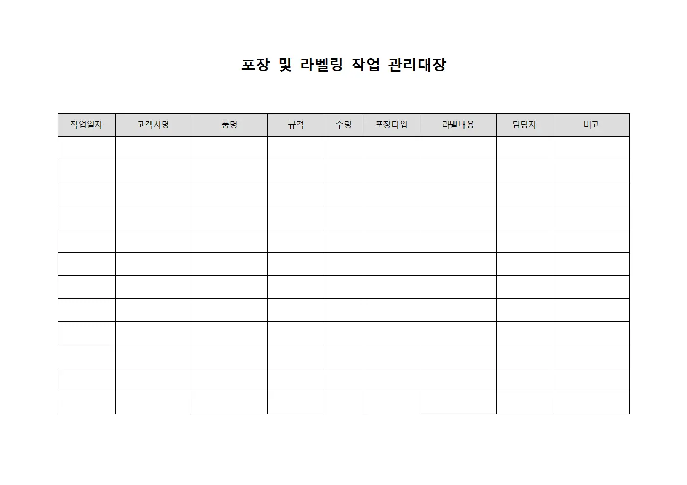 포장 및 라벨링 작업 관리대장 서식문서