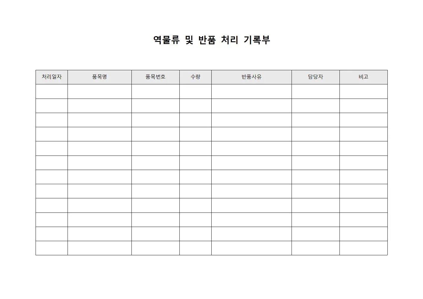 역물류 및 반품 처리 기록부 양식.서식