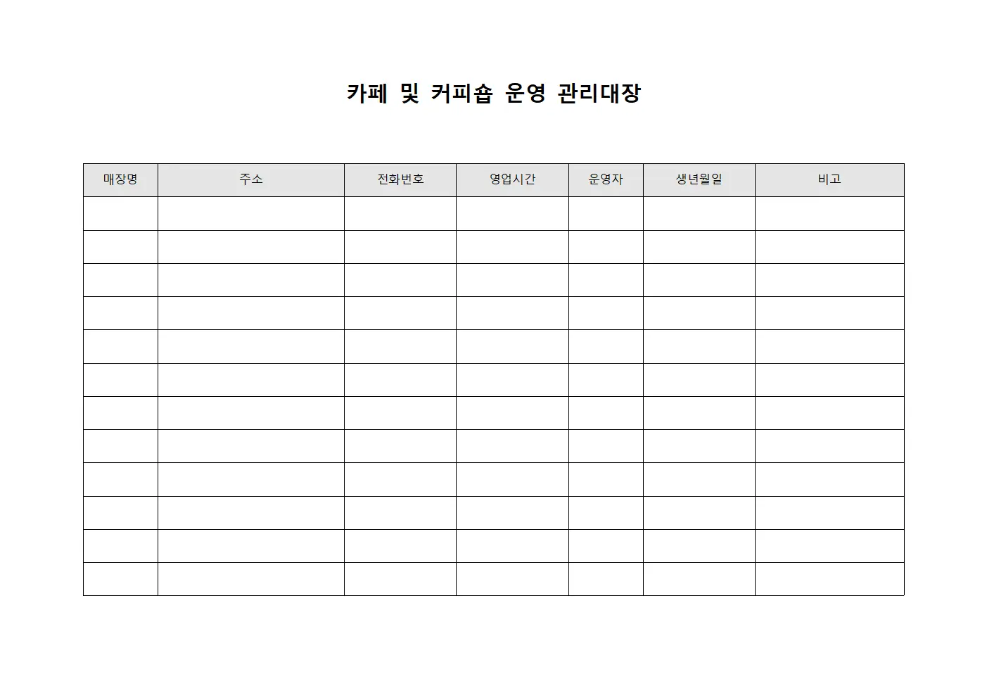 카페 및 커피숍 운영 관리대장