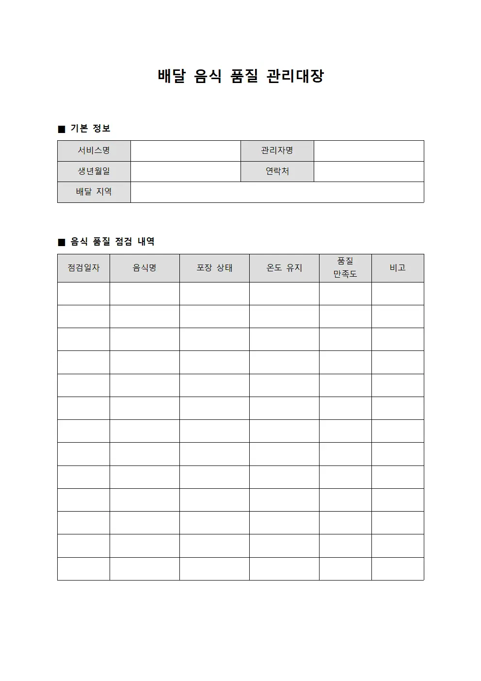 배달 음식 품질 관리대장