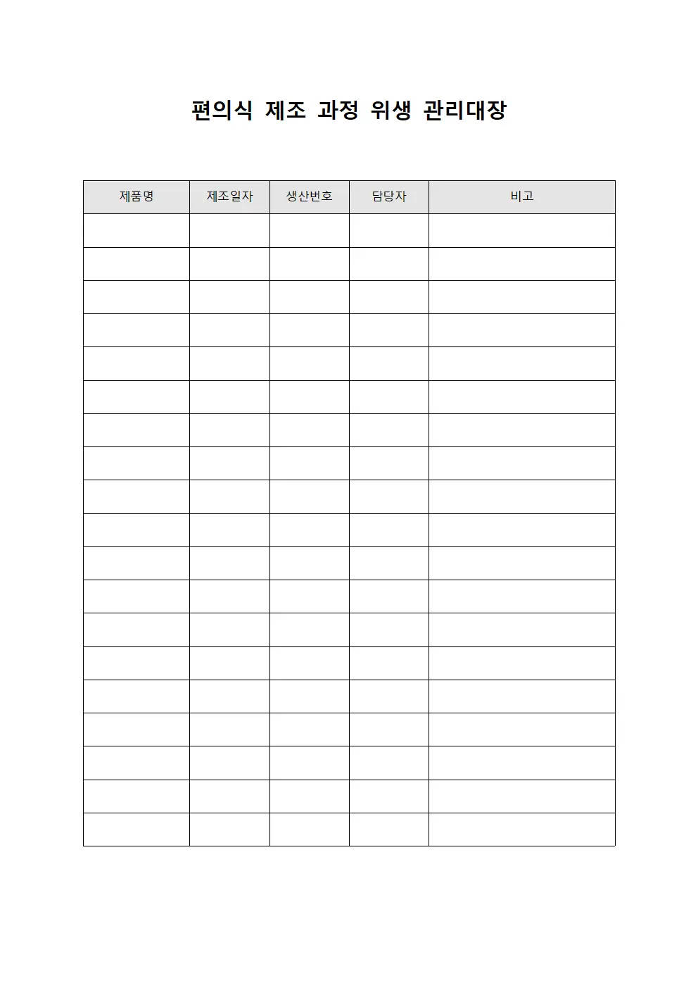 편의식 제조 과정 위생 관리대장 템플릿 양식