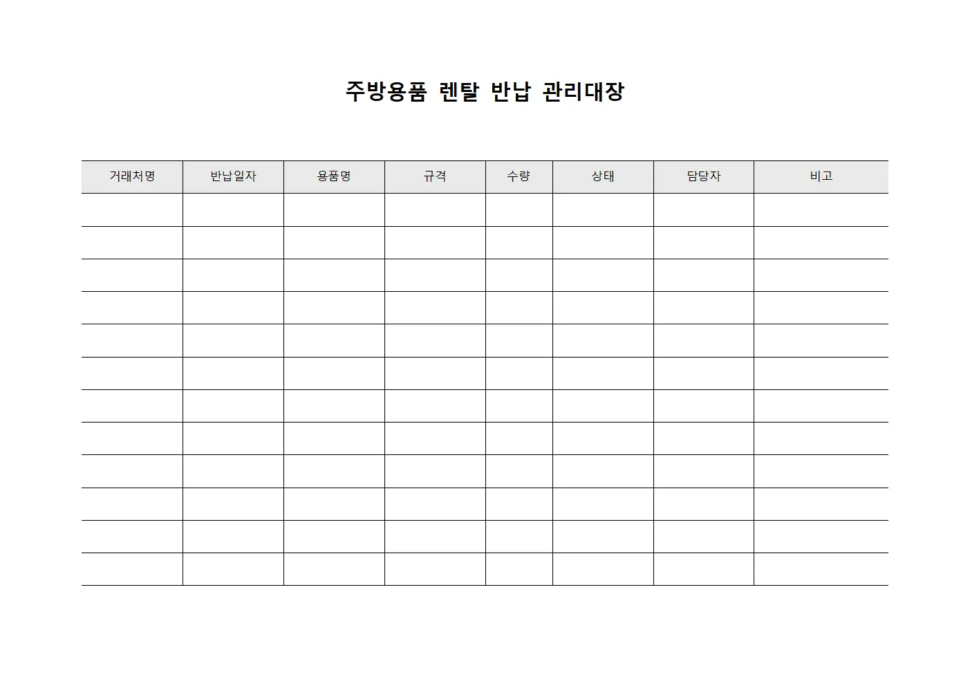 주방용품 렌탈 반납 관리대장 템플릿 서식