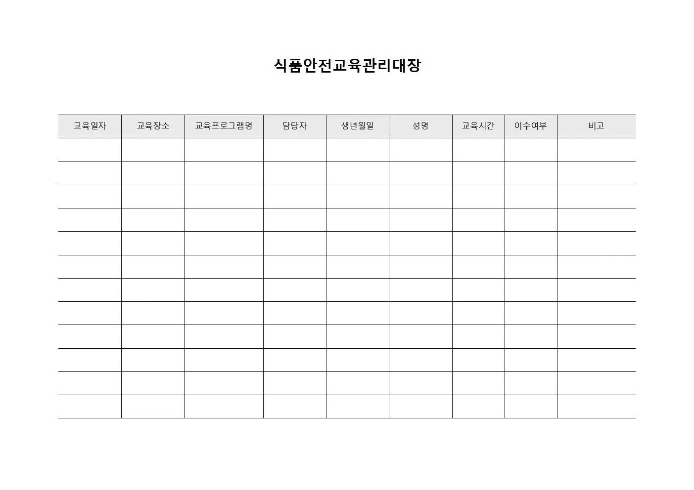 식품안전교육관리대장 서식.양식