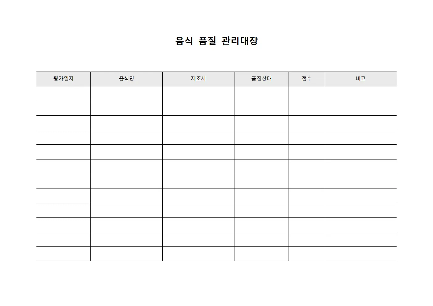 음식 품질 관리대장 양식파일