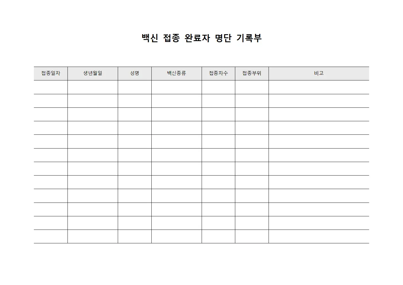 백신 접종 완료자 명단 기록부 서식