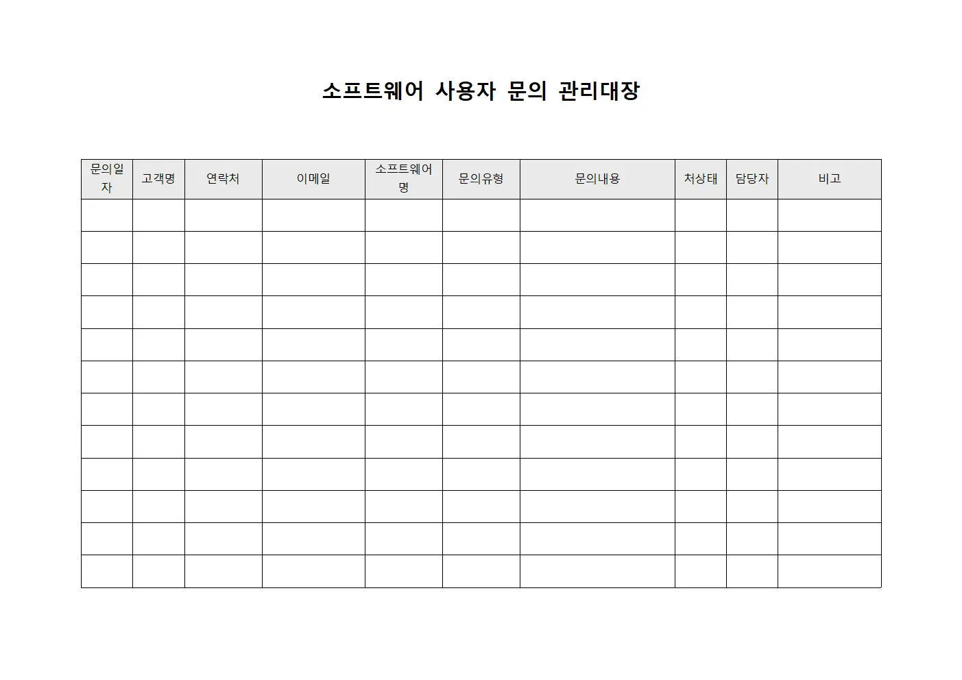 소프트웨어 사용자 문의 관리대장