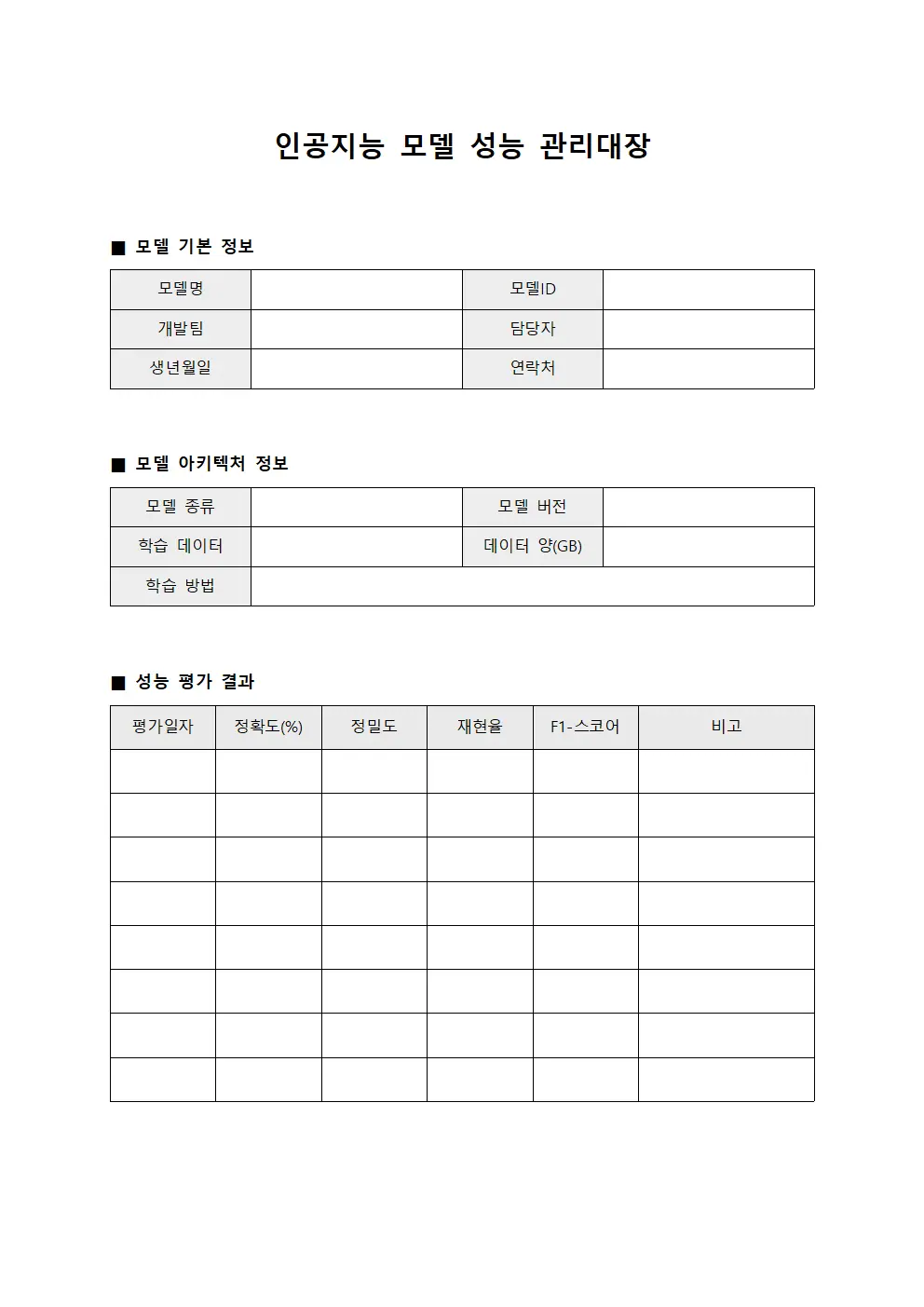 인공지능 모델 성능 관리대장 서식파일