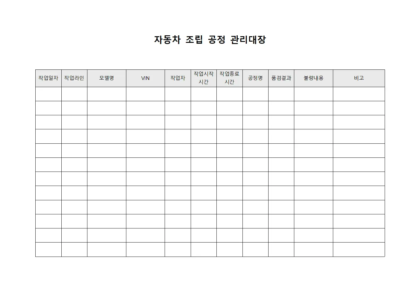 자동차 조립 공정 관리대장