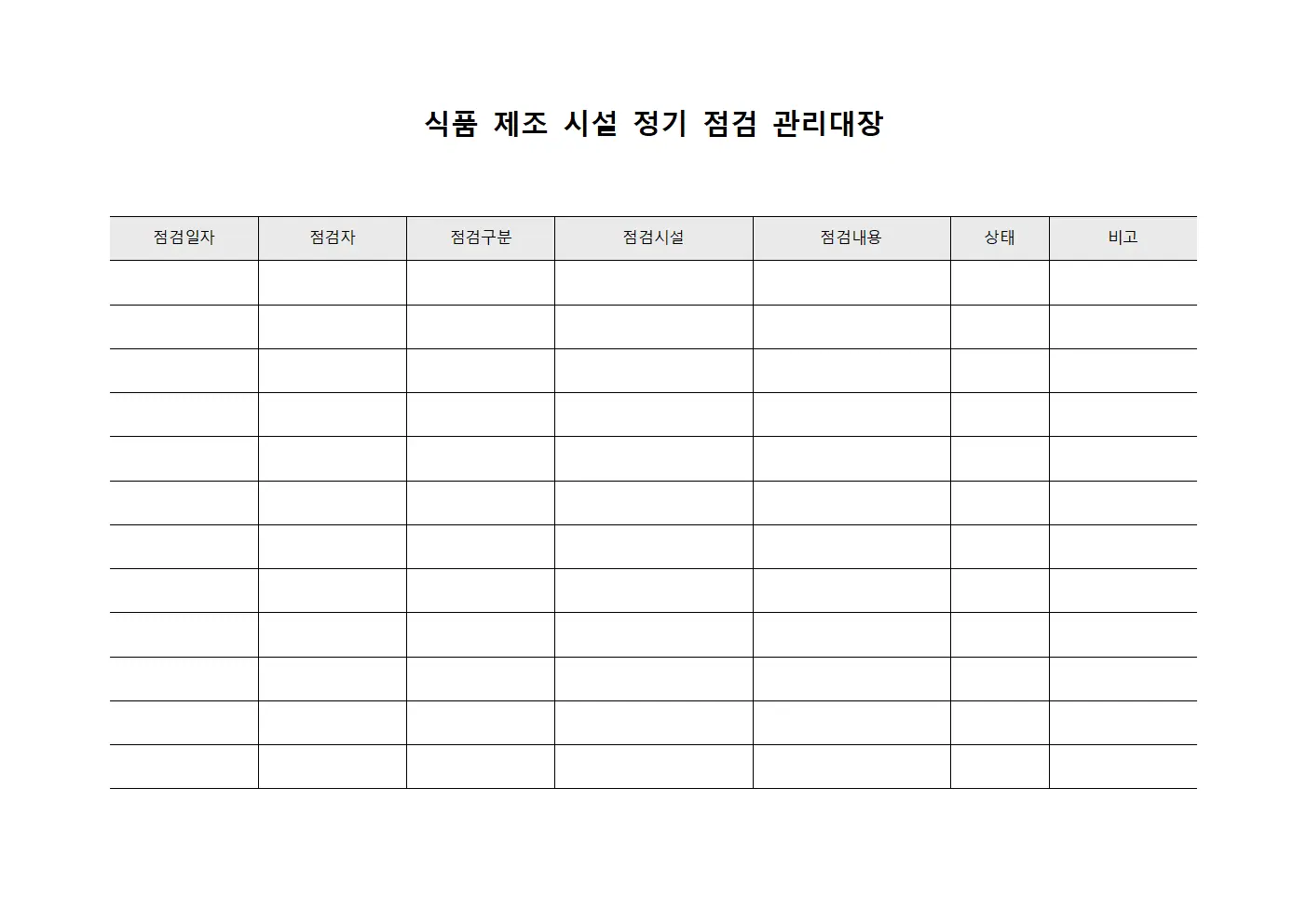 식품 제조 시설 정기 점검 관리대장
