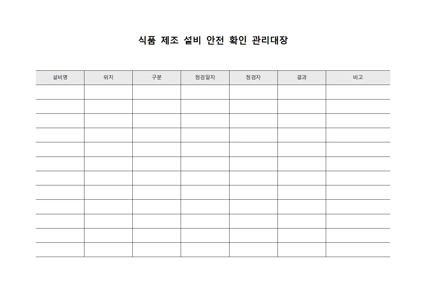 식품 제조 설비 안전 확인 관리대장 템플릿 양식