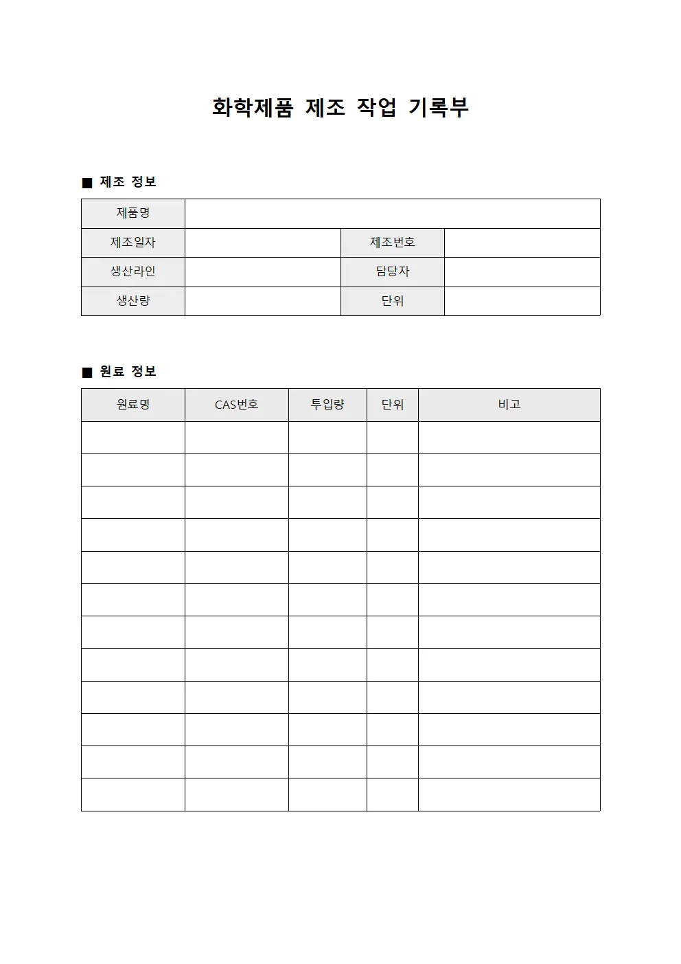 화학제품 제조 작업 기록부