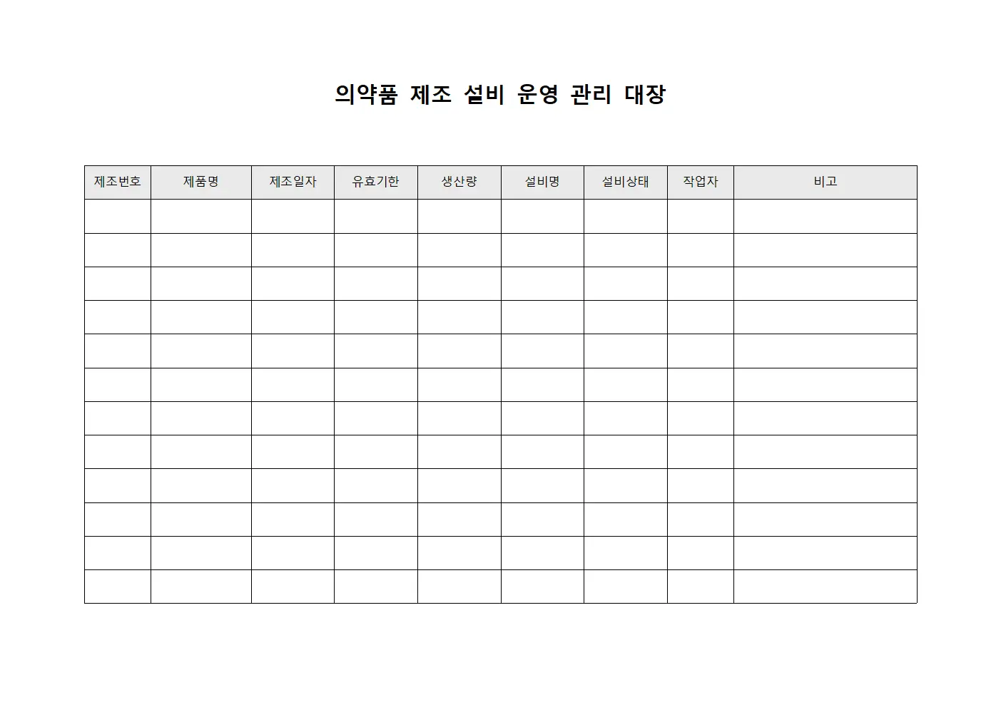 의약품 제조 설비 운영 관리 대장 문서서식