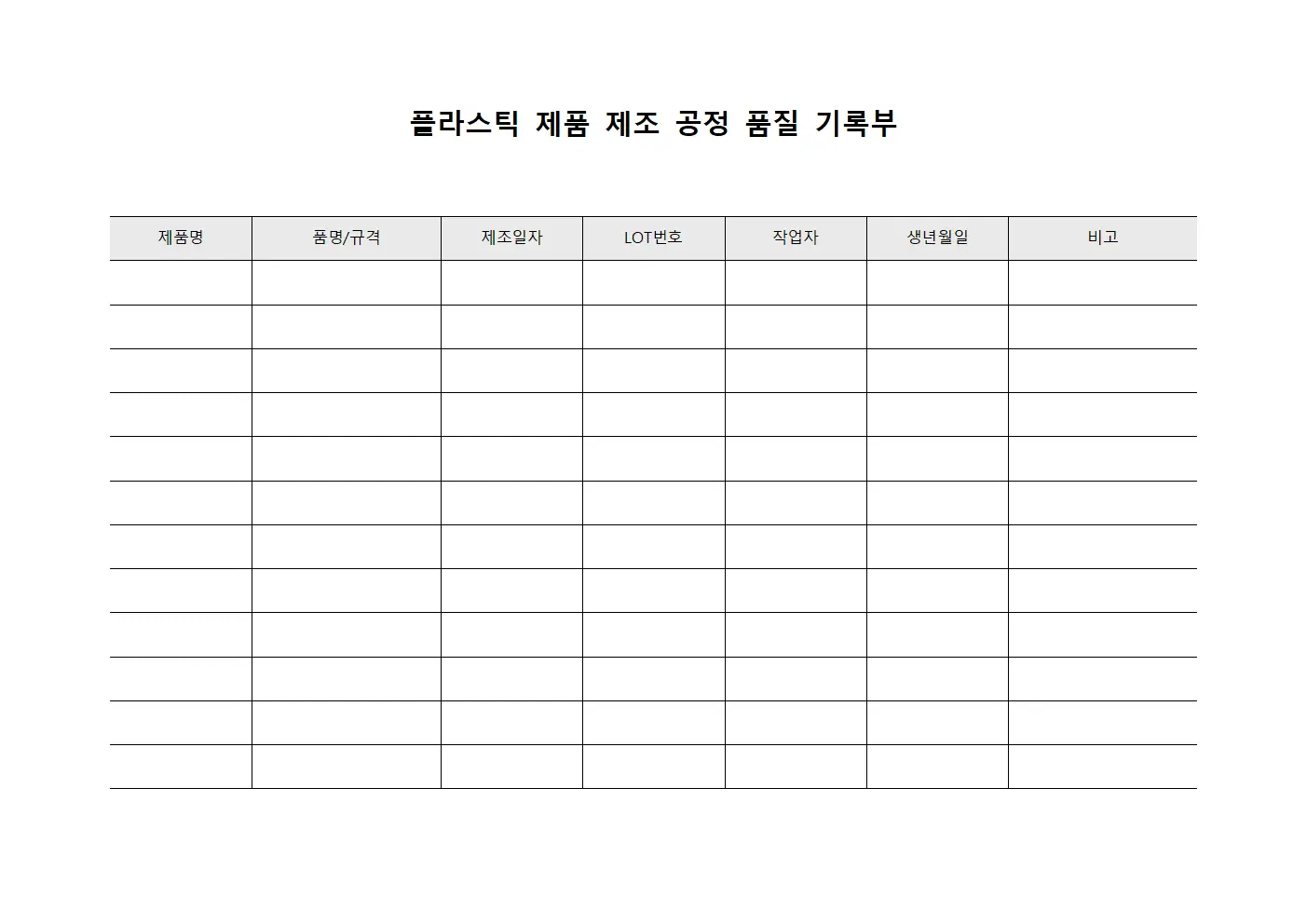 플라스틱 제품 제조 공정 품질 기록부