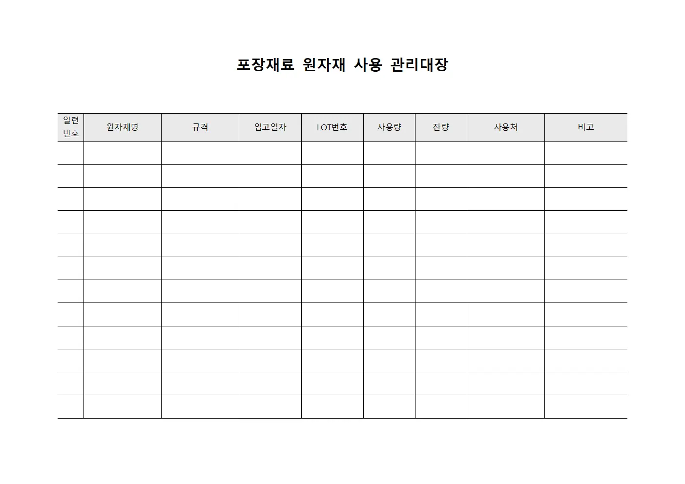 포장재료 원자재 사용 관리대장