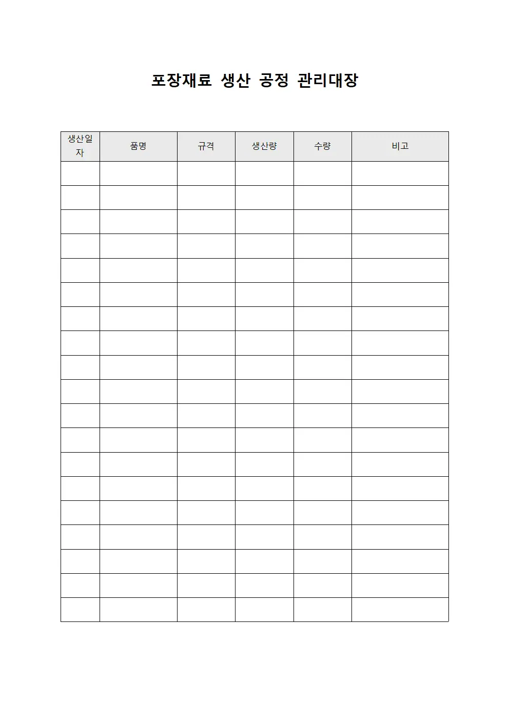 포장재료 생산 공정 관리대장 템플릿 양식