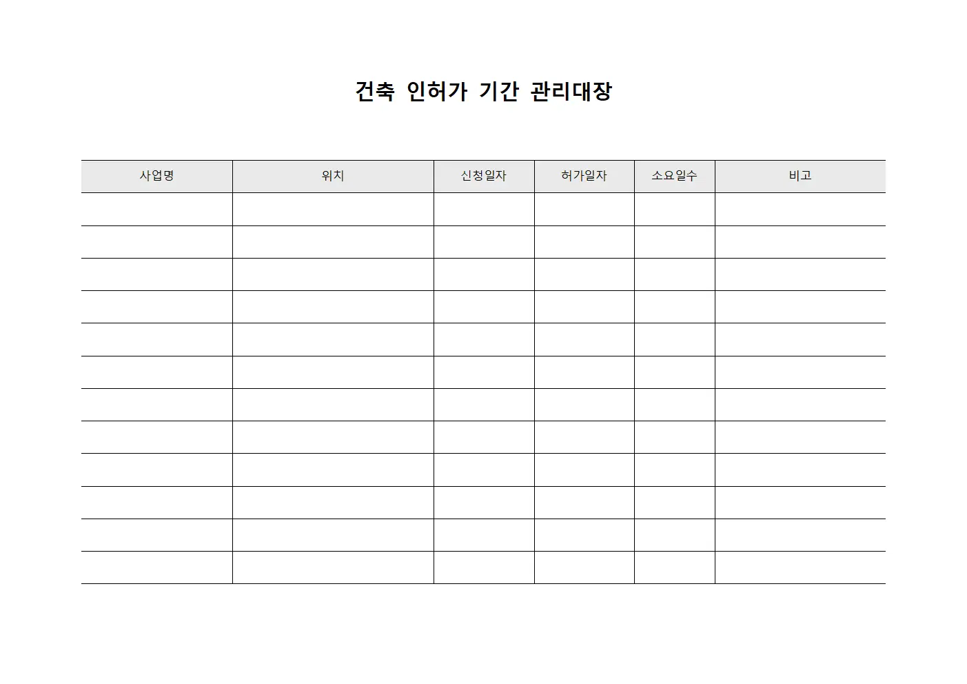 건축 인허가 기간 관리대장 템플릿 서식
