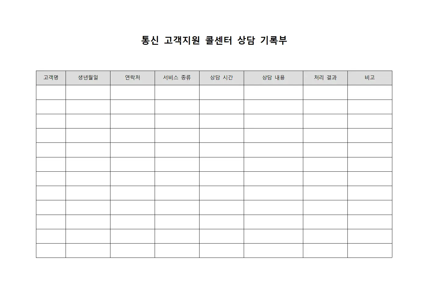 통신 고객지원 콜센터 상담 기록부