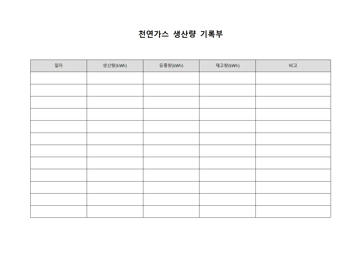 천연가스 생산량 기록부 양식.서식