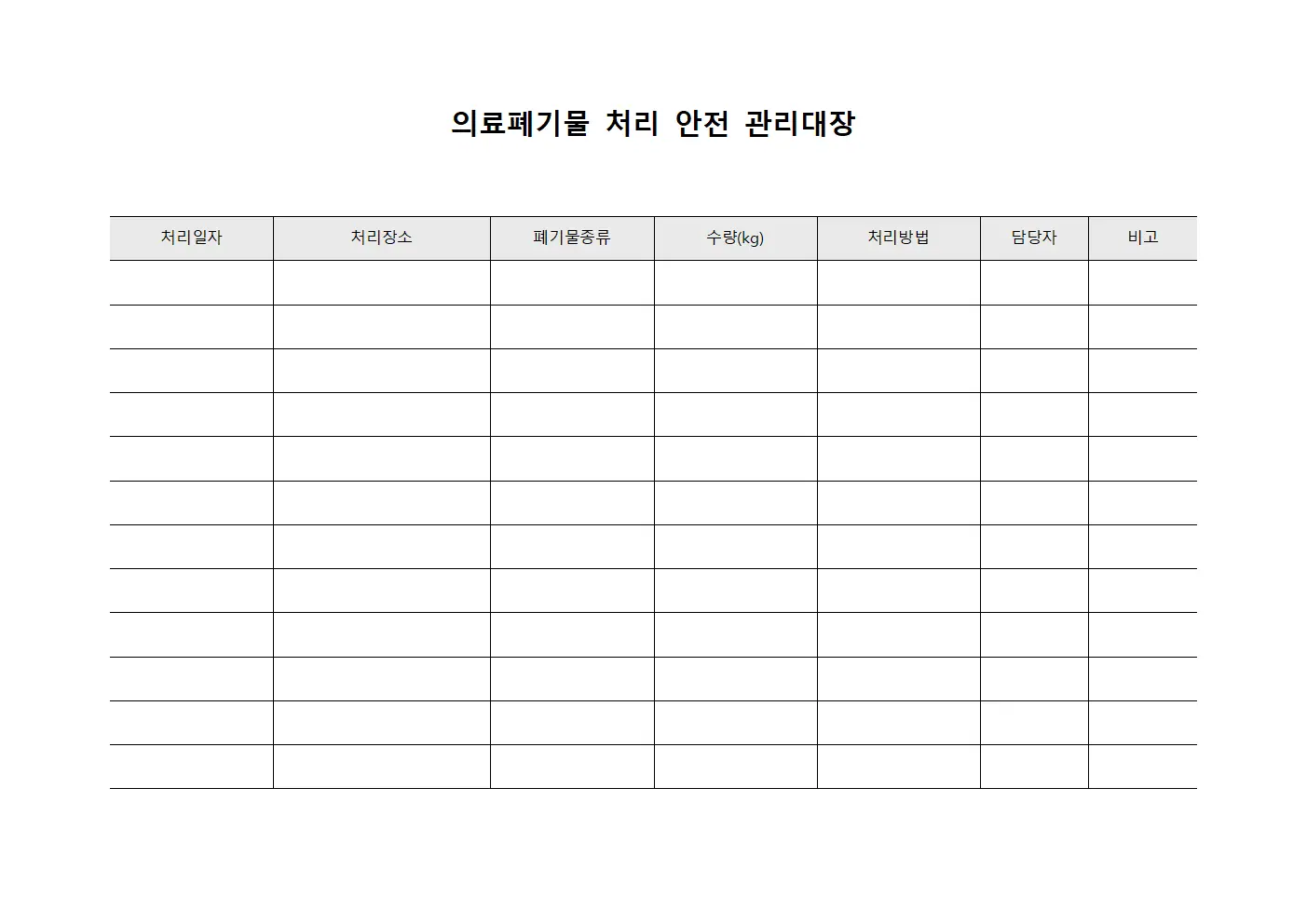 의료폐기물 처리 안전 관리대장
