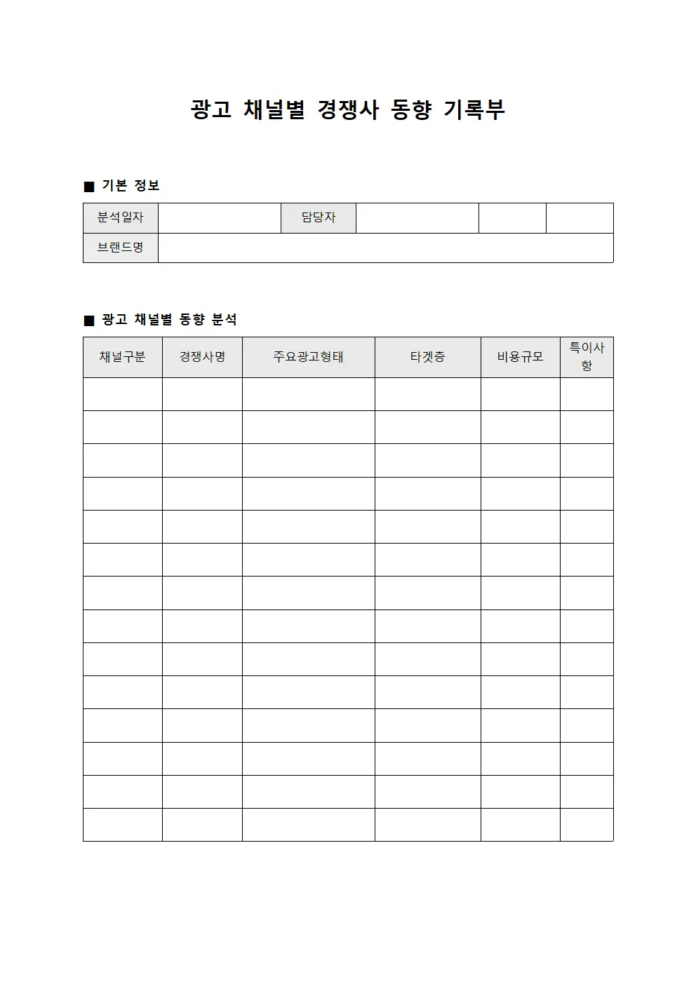 광고 채널별 경쟁사 동향 기록부