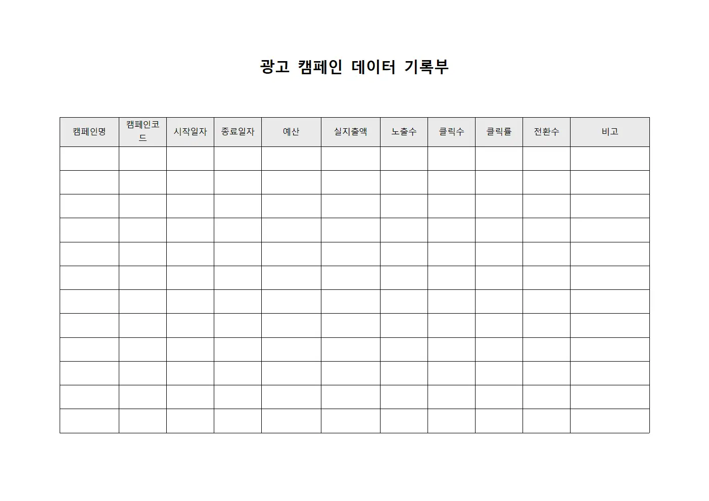 광고 캠페인 데이터 기록부 템플릿