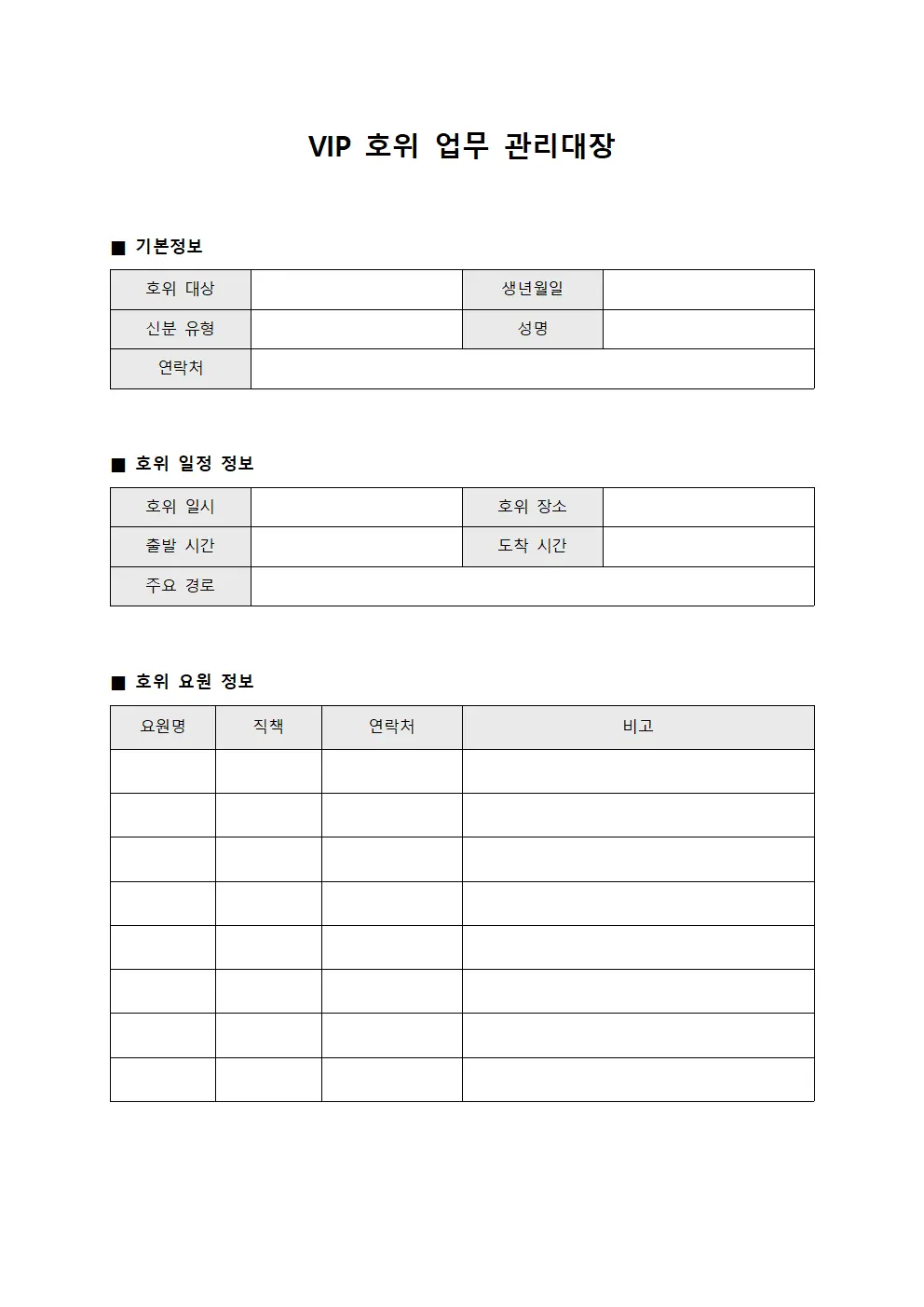 VIP 호위 업무 관리대장