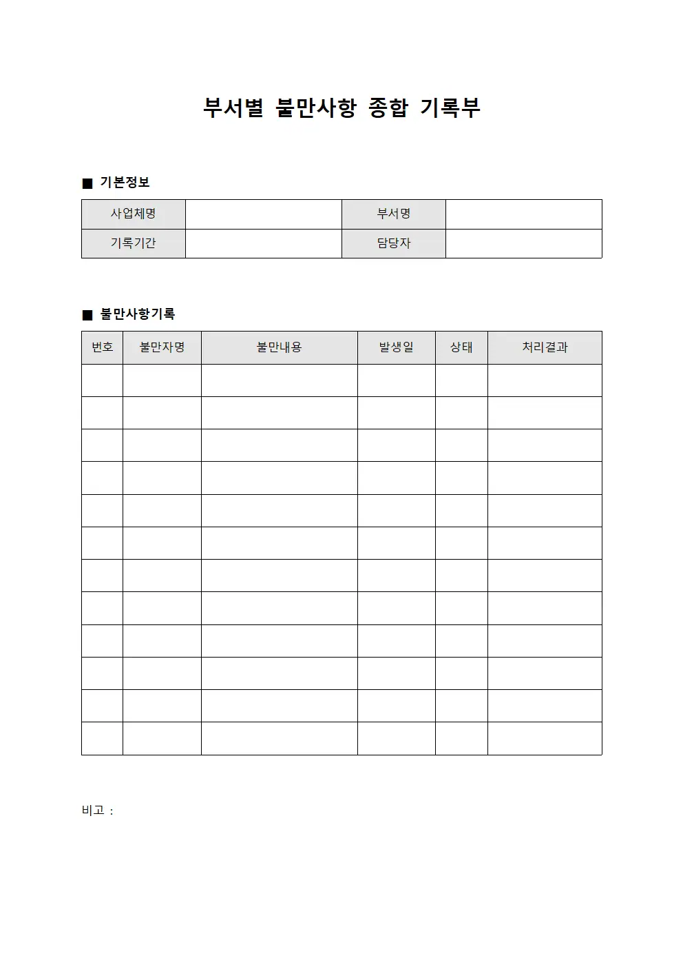 부서별 불만사항 종합 기록부 서식.양식
