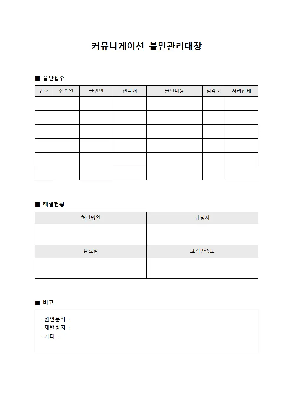 커뮤니케이션 불만관리대장