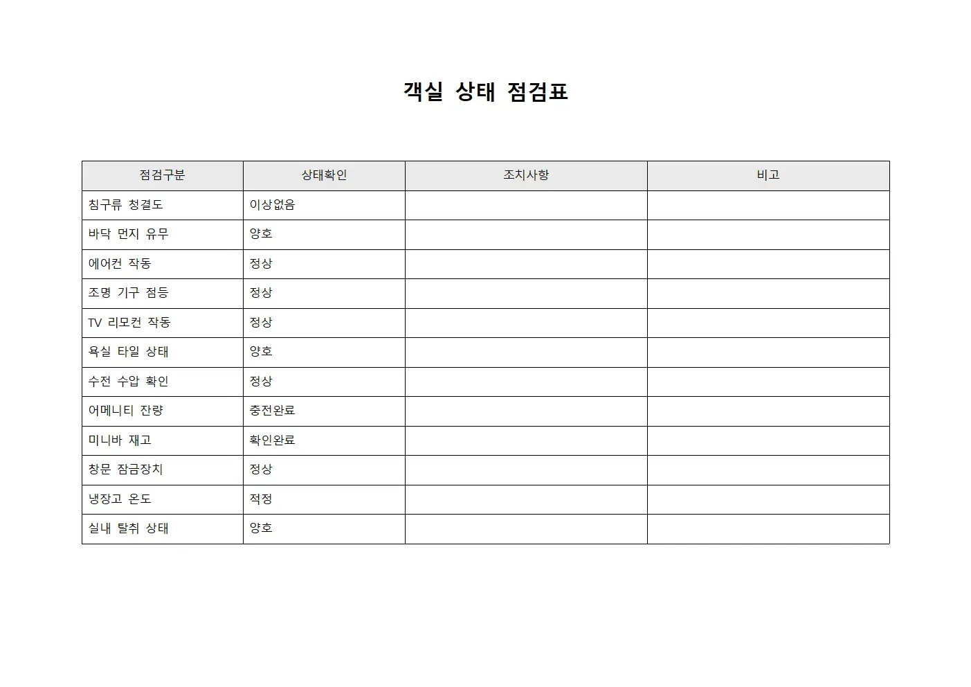객실 상태 점검표 양식파일