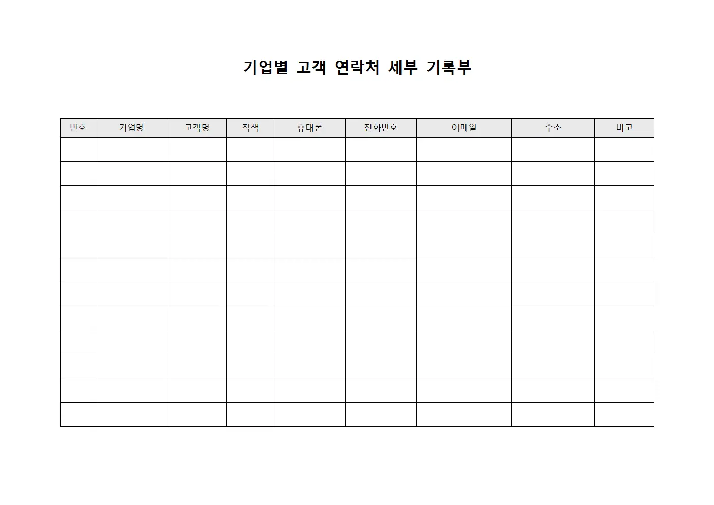 기업별 고객 연락처 세부 기록부 서식문서
