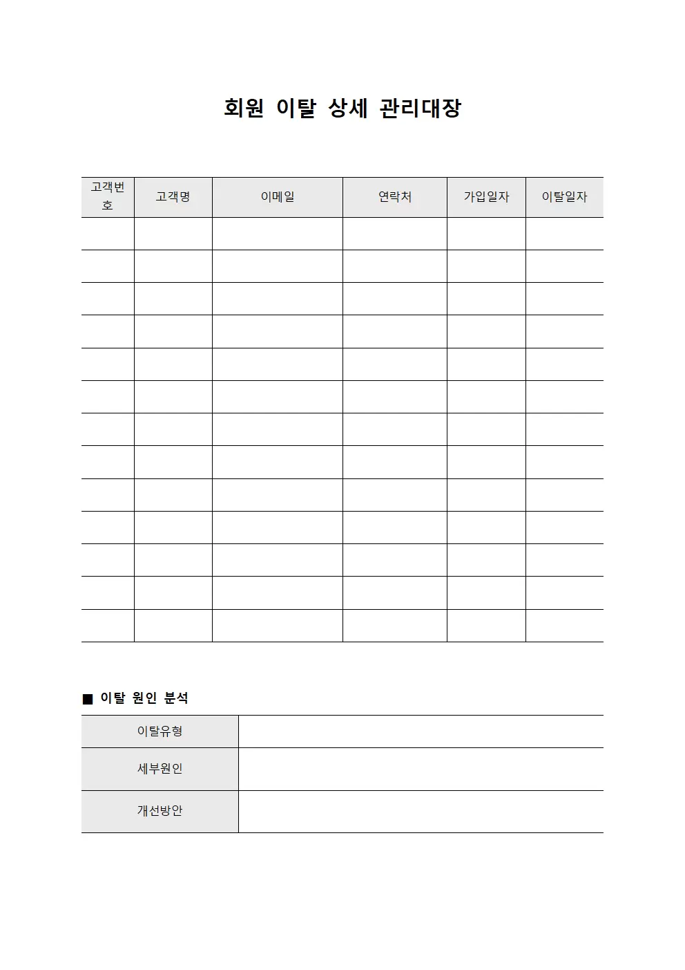 회원 이탈 상세 관리대장 서식문서