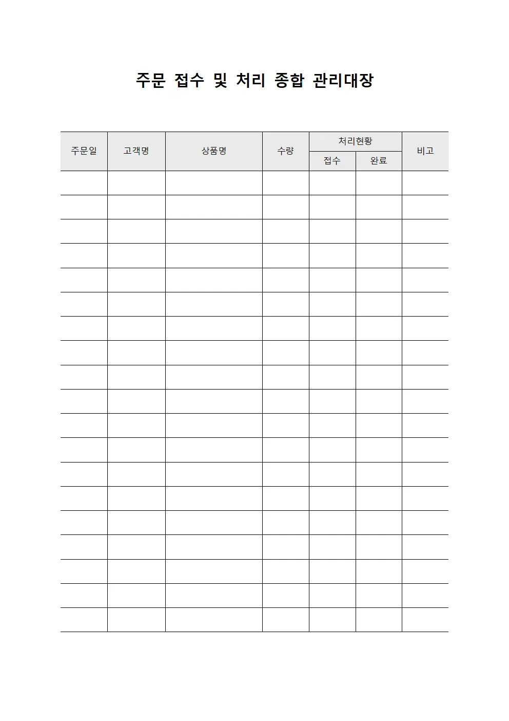 주문 접수 및 처리 종합 관리대장