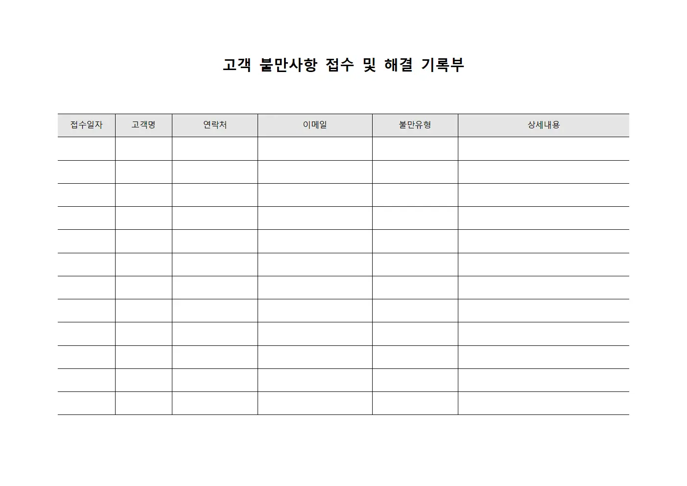 고객 불만사항 접수 및 해결 기록부 템플릿 서식
