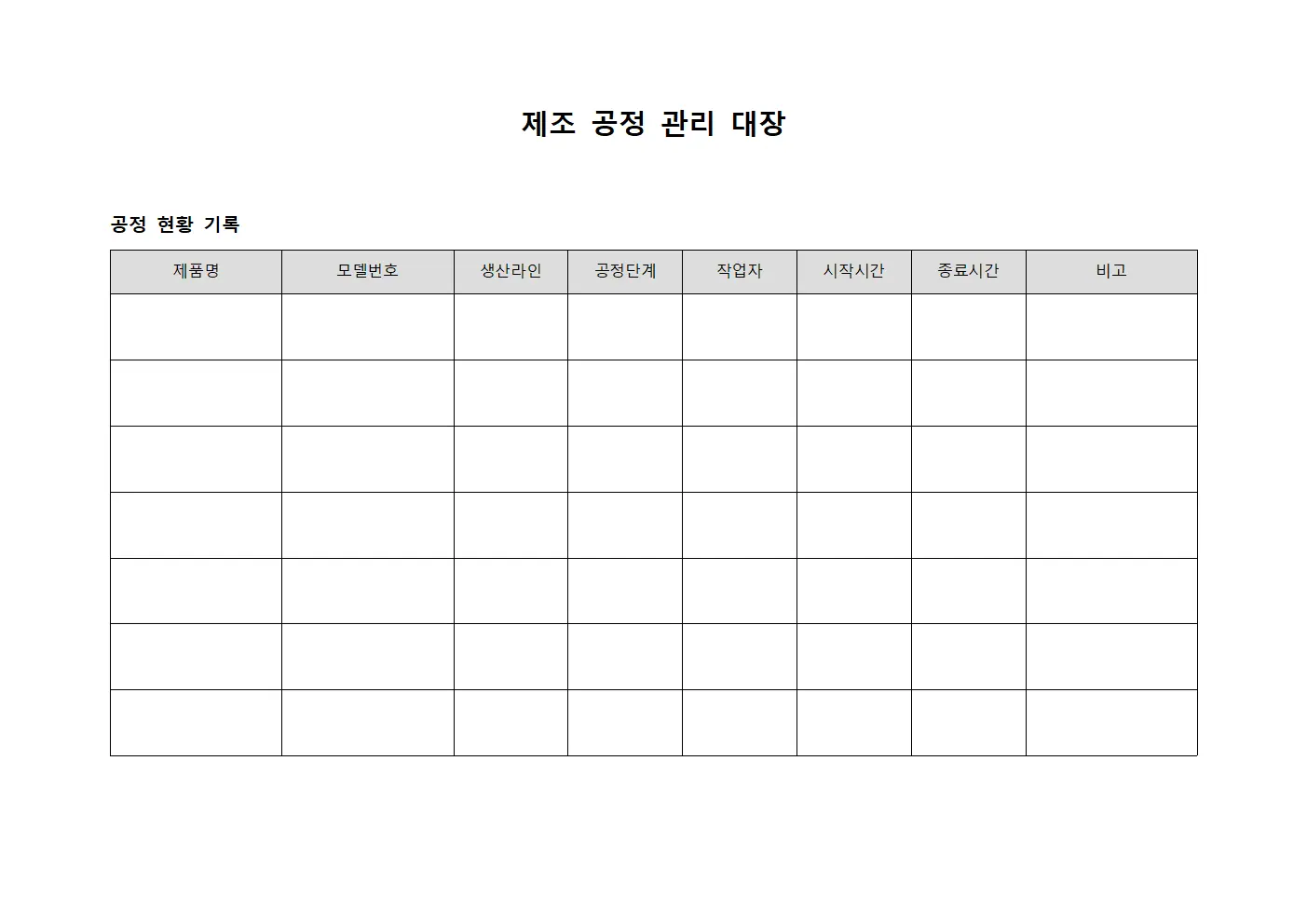 제조 공정 관리 대장 서식파일