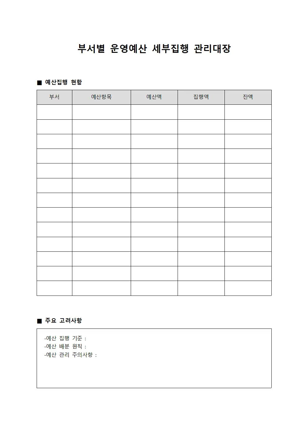 부서별 운영예산 세부집행 관리대장